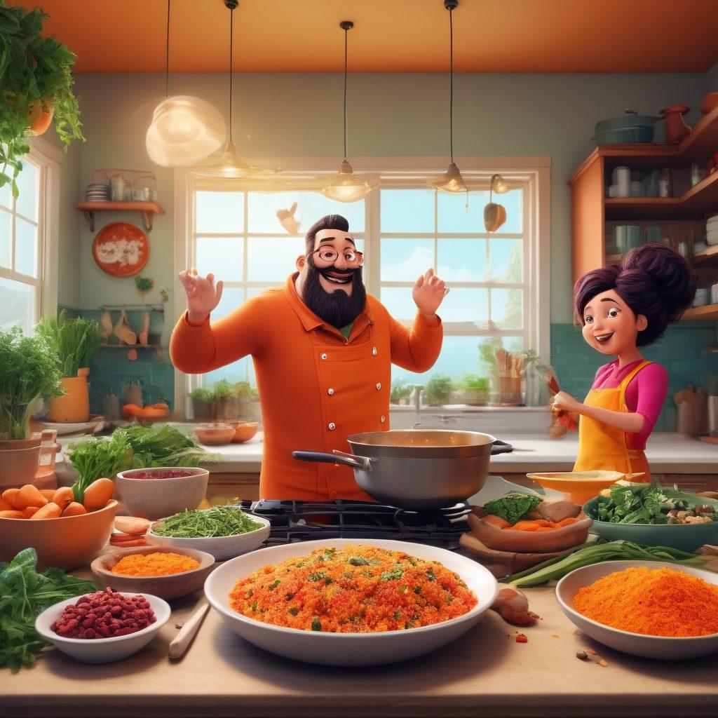 A vibrant kitchen scene featuring a diverse array of IBS-friendly ingredients like quinoa, sweet potatoes, and greens, blended with whimsical adult animation characters playfully cooking together. The background showcases animated-style utensils and flying food elements in motion, symbolizing creativity and joy in cooking. Bright colors and exaggerated expressions enhance the whimsical feel. vector art. vibrant colors. playful style.