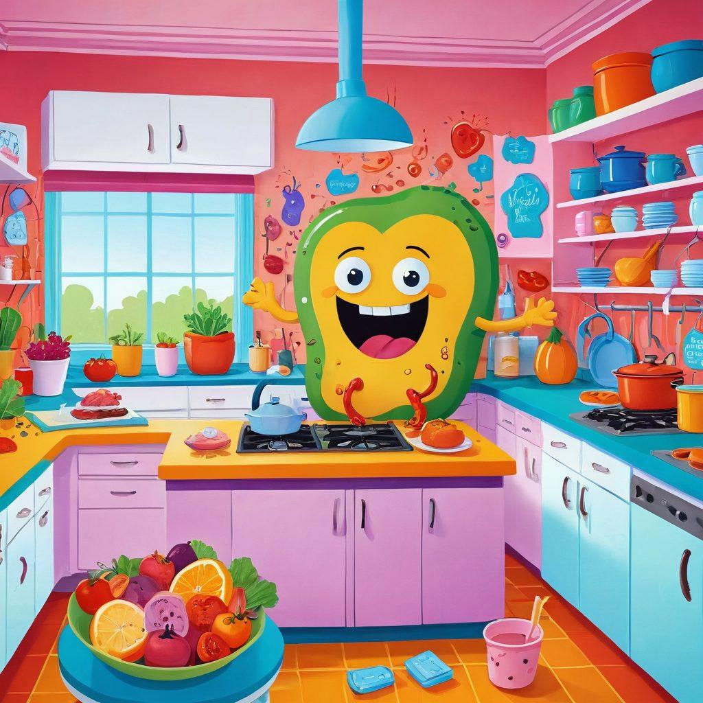 A whimsical illustration showing a gut-shaped character engaging playfully with animated food items in a colorful kitchen scene. The background features humorous animations of digestive processes like swirling solids and liquids, with cheerful expressions on each element. Bright and inviting color palette to reflect joy in managing IBS. Cartoon style art with a touch of surrealism. vibrant colors.