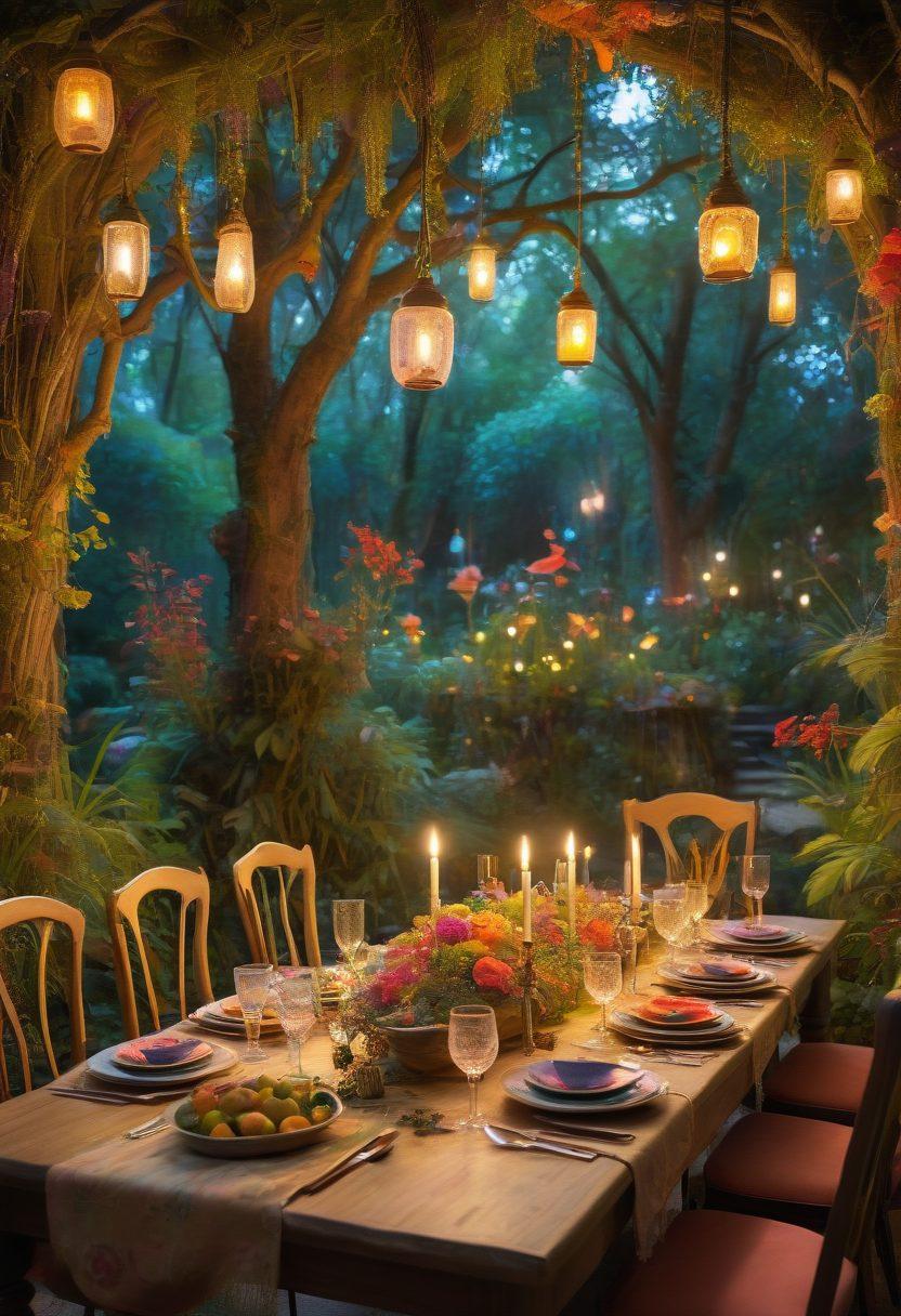 A whimsical dining table set in a lush fantasy forest, featuring an array of colorful IBS-friendly dishes like quinoa salad and herbal teas, surrounded by enchanted creatures enjoying the feast. Soft, glowing lights hang from trees, creating a magical ambiance. The atmosphere merges culinary delight with playful fantasy. vibrant colors. super-realistic. whimsical art.